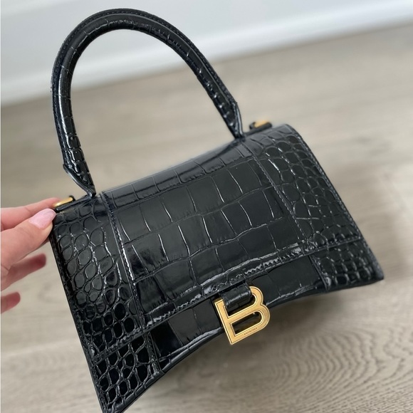 Women’s Hourglass Small Balenciaga Black Crocodile Embossed Bag - Picture 1 of 4